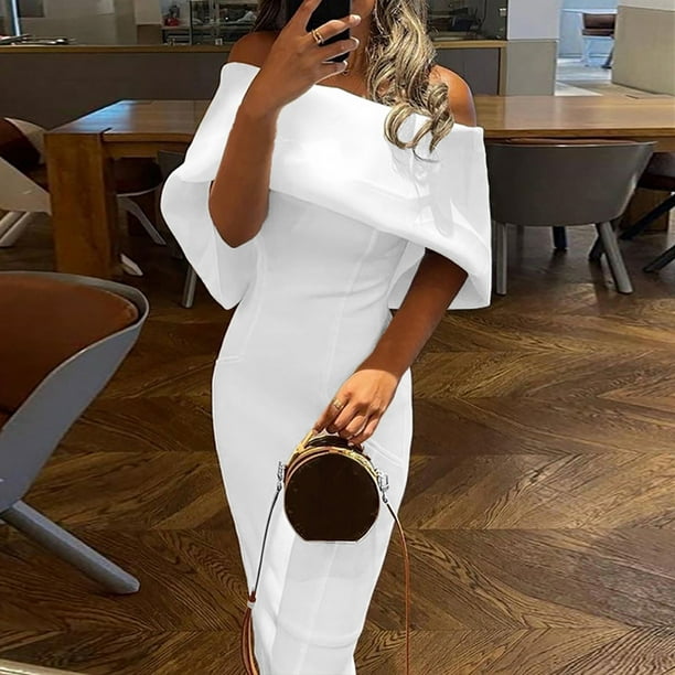 Homely White Dress Ladies' One-Word Collar Turn-Over Shoulder Slim Dress  Bag Hip Slim Dress