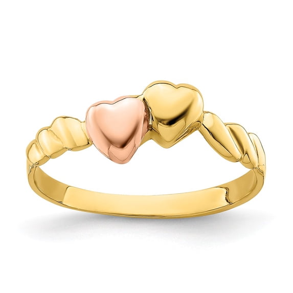 Solid 14k Yellow and White Gold Two Tone Two Hearts Ridged Ring Band Size 7.5