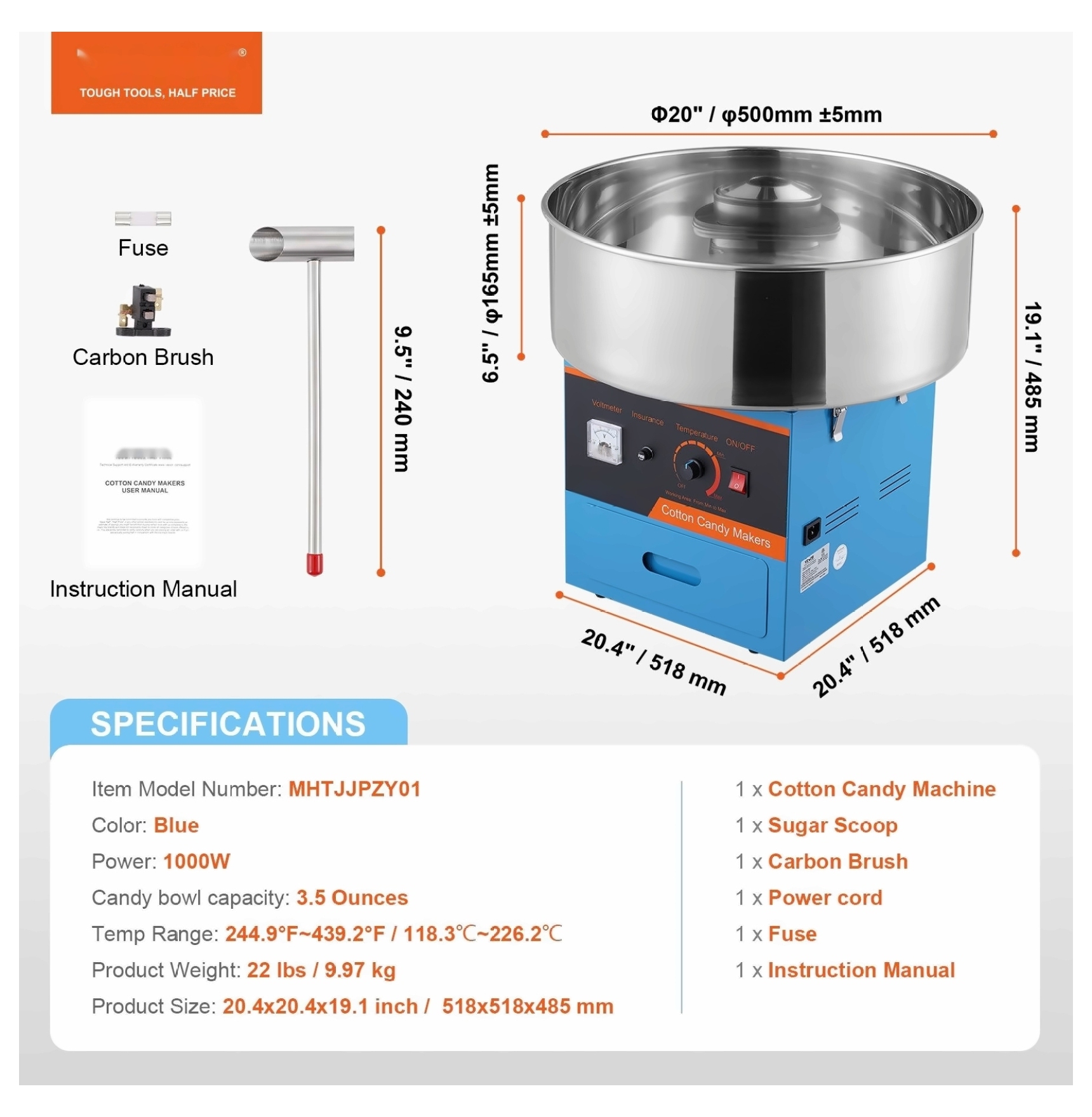Cotton Candy Machine, 1000W Electric Candy Floss Maker, Commercial Grade with Stainless Steel Bowl, Blue - for Parties & Home Use
