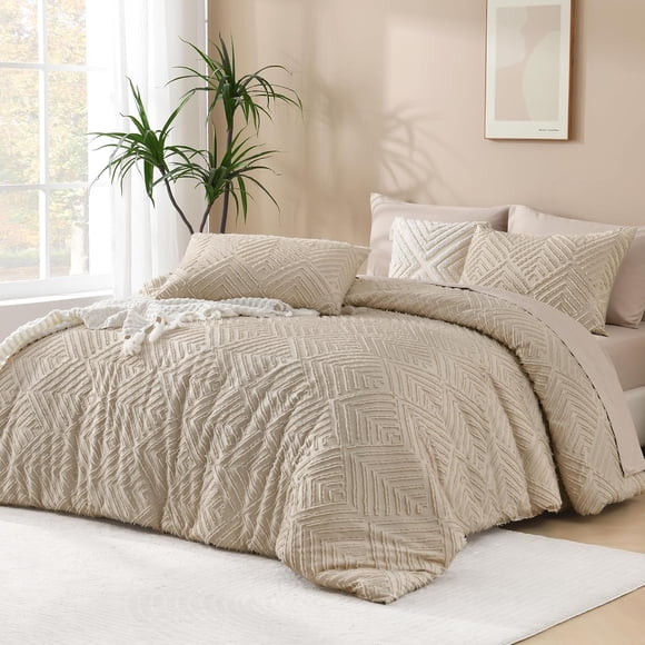 Khaki Comforter Full Size, 3 Pieces Boho Lightweight Fluffy Bedding Comforter Set for Full Bed, Tufted Farmhouse Soft Warm Bed Set for All Seasons (1 Comforter 79x90In, 2 Pillowcases)