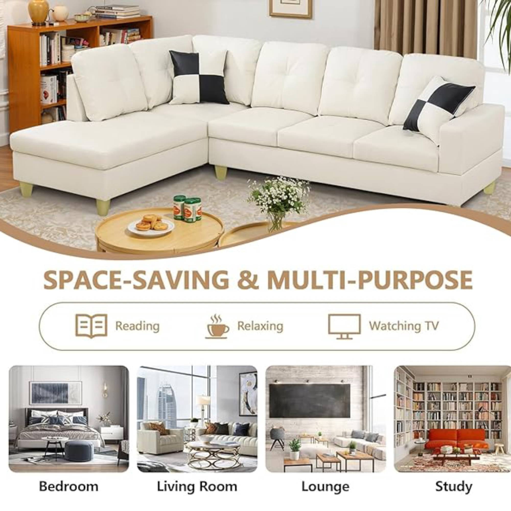 L Shape Leather sofa Couch Modern Sectional Couch with Left Chaise for Living Room Furniture Sets, White