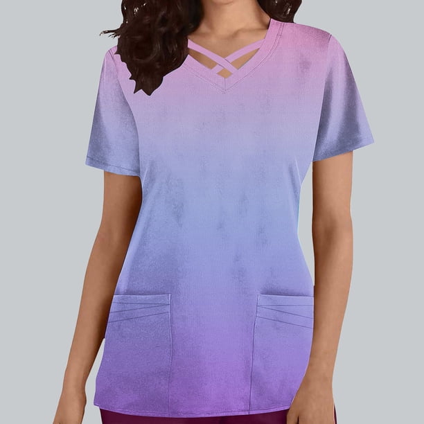 Fiudx Ofertas Relámpago Top de Ropa de Enfermería con Bolsillo y Cuello En V de Manga Corta de Color Degradado Informal a La Moda para Mujer