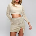 thumbnail image 2 of Two Piece Skirt Set for Women Temperament Long Sleeve Slim Solid Hollow Crop Top Slit Skirt Suit Summer Outfits for Women Beige L, 2 of 5