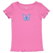 BTween 4-Pack Rib Knit Girls Tops - Short Sleeve Lettuce Trim Ribbed Girl Shirts - Stripe/Floral/Solid