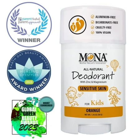 MONA 100% Natural Deodorant for Kids | Orange | for Girls & Boys | Sensitive Skin | No Baking Soda or Aluminum (1.76 oz)