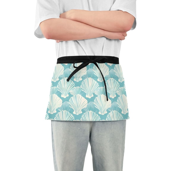 Seashell Line Art Server Apron with 3 Pockets Waterproof Waitress Waist Short Apron for Man Woman 12 Inches