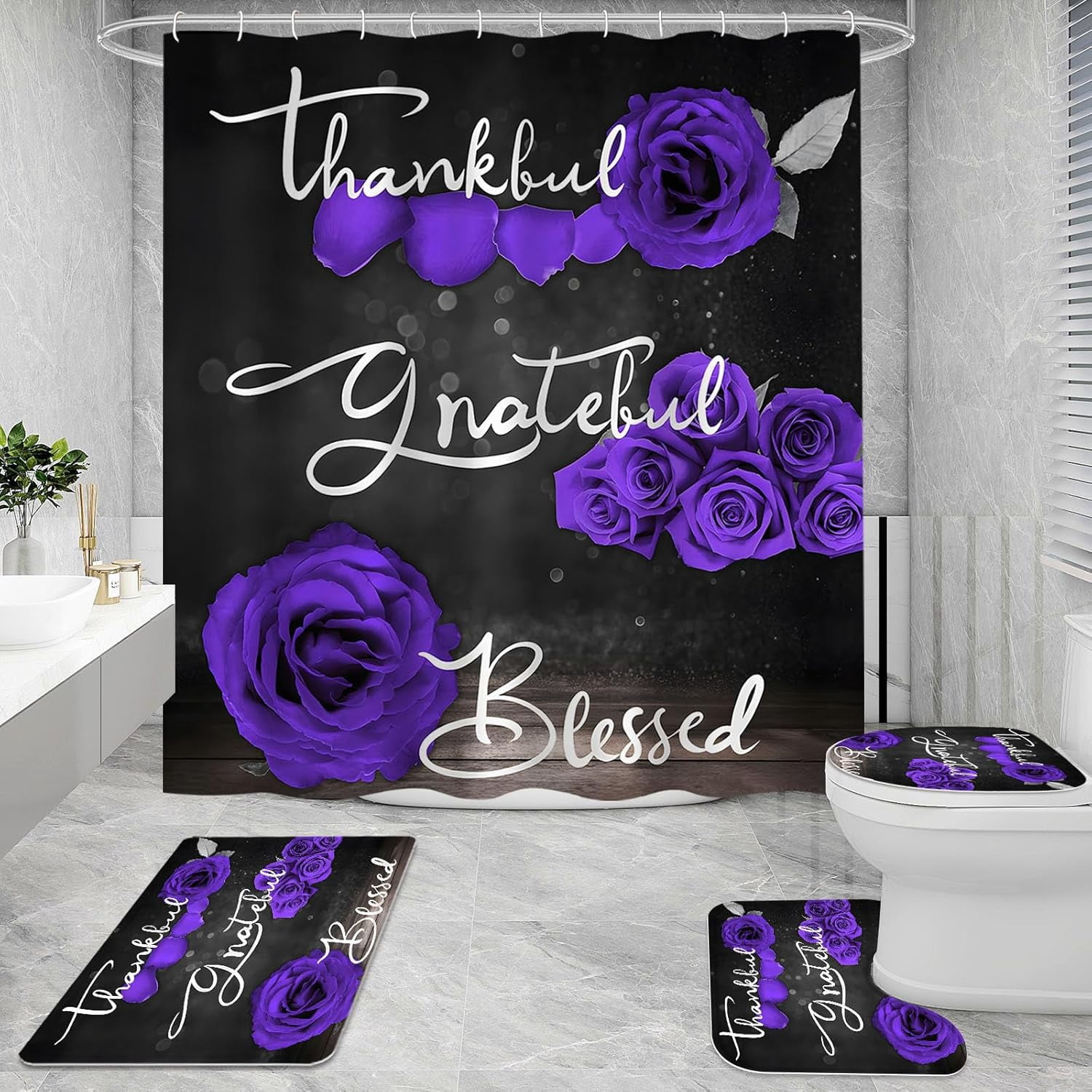 4 Pcs Red Rose Shower Curtain Set with Non-Slip Rugs, Toilet Lid Cover and Bath Mat, Thankful Grateful Blessed Romantic Showy Elegant Floral Bathroom Decor Set with Shower Curtain and Rugs