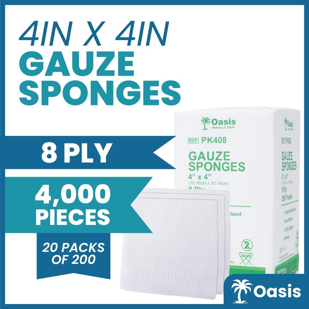 Oasis 4 x 4 inch Gauze Sponges, 100% Cotton, 8-Ply Woven Non-Sterile Gauze, 1 Case of 4000