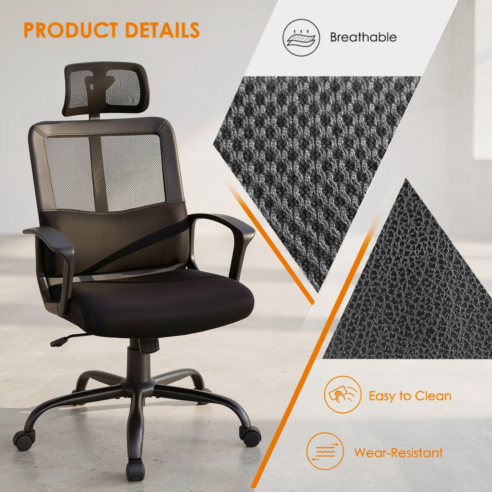 Furnibear Mesh Office Chair High Back Ergonomic Swivel Desk Chair with Adjustable Headrest Lumbar Support Computer Chair for Home Office, Black