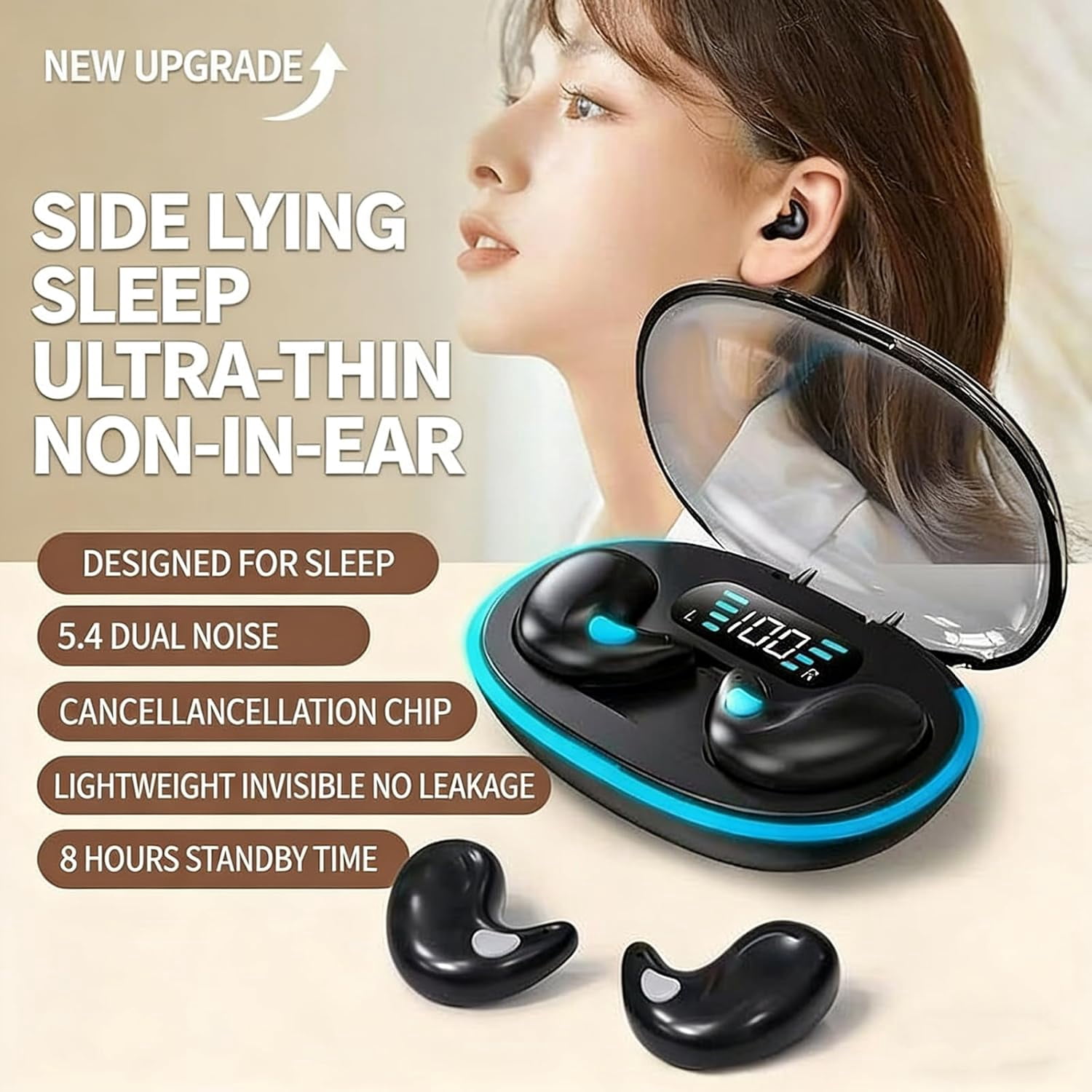 Sleep Bluetooth Earbuds, Sleep Earbuds for Side Sleepers, Noise Cancelling Earbuds for Sleep, Micro Sleep Earbuds, Sleep Earbuds Wireless Bluetooth,Bluetooth 5.4,LED Display (A,1PC)