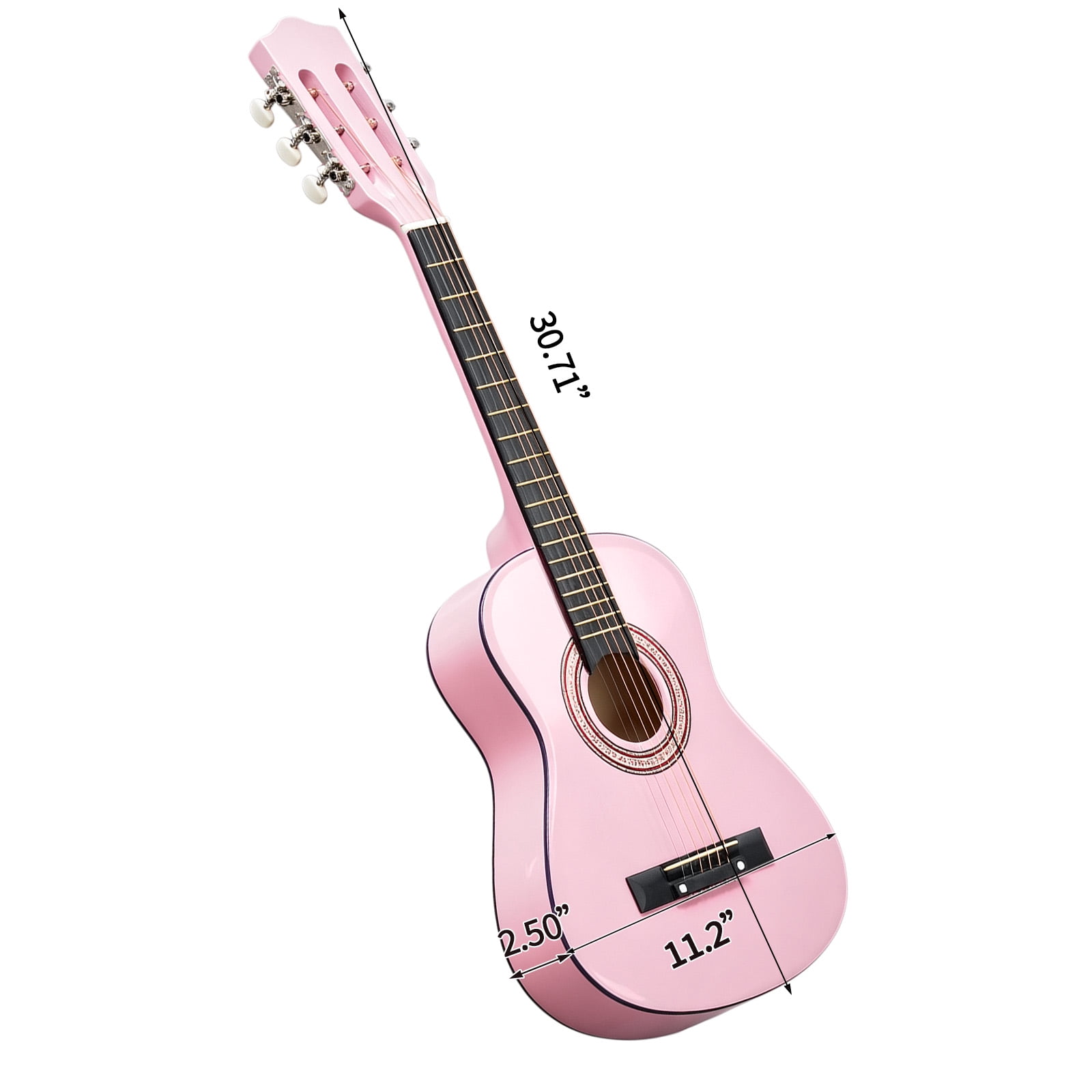 30in Round Acoustic Guitar with Picks, Strings, Capo, Case, Tuner, and Strap - Light Pink