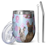 12oz Stemless Wine Tumblers French Bulldogs Vacuum Insulated Stainless Steel Travel Tumbler Cups Mug with Lid and Straw for Champaign,Cocktail,Beer with Cleaning Brush