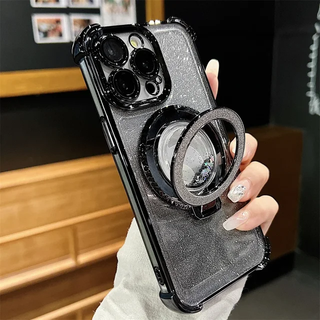 For Magsafe Quicksand Bracket Phone Case for iPhone 16 ProMax 15 14 13 12 11 Pro Max Plus Gradient Glitter Anti-fall Stand Cover black For iPhone 15 ProMax