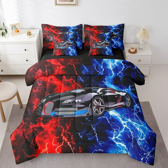 Erosebridal Red Blue Somky Lightning Bed in a Bag Twin Size,Black Sports Car Bed Set,Extreme Sports Bed Set For Teenagers,Super Cozy Room Decoration Reversible,7 Pieces