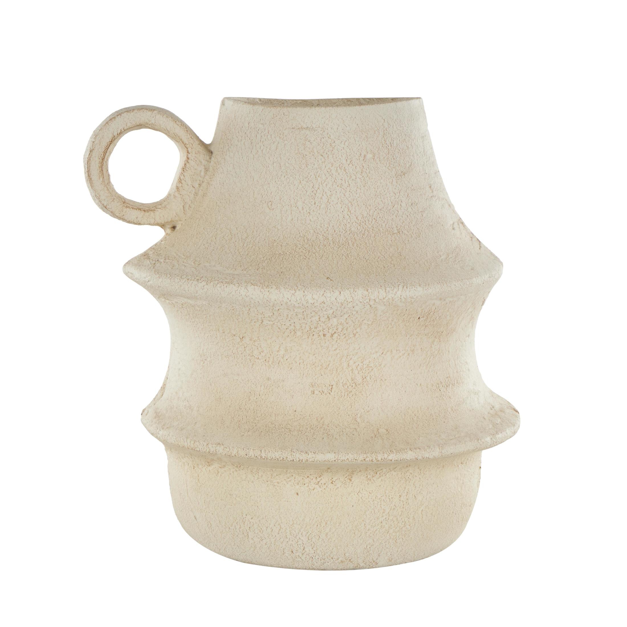 DecMode 14" Fluted Cream Paper Mache Vase with Brown Distressed Texturing and Ring Handle