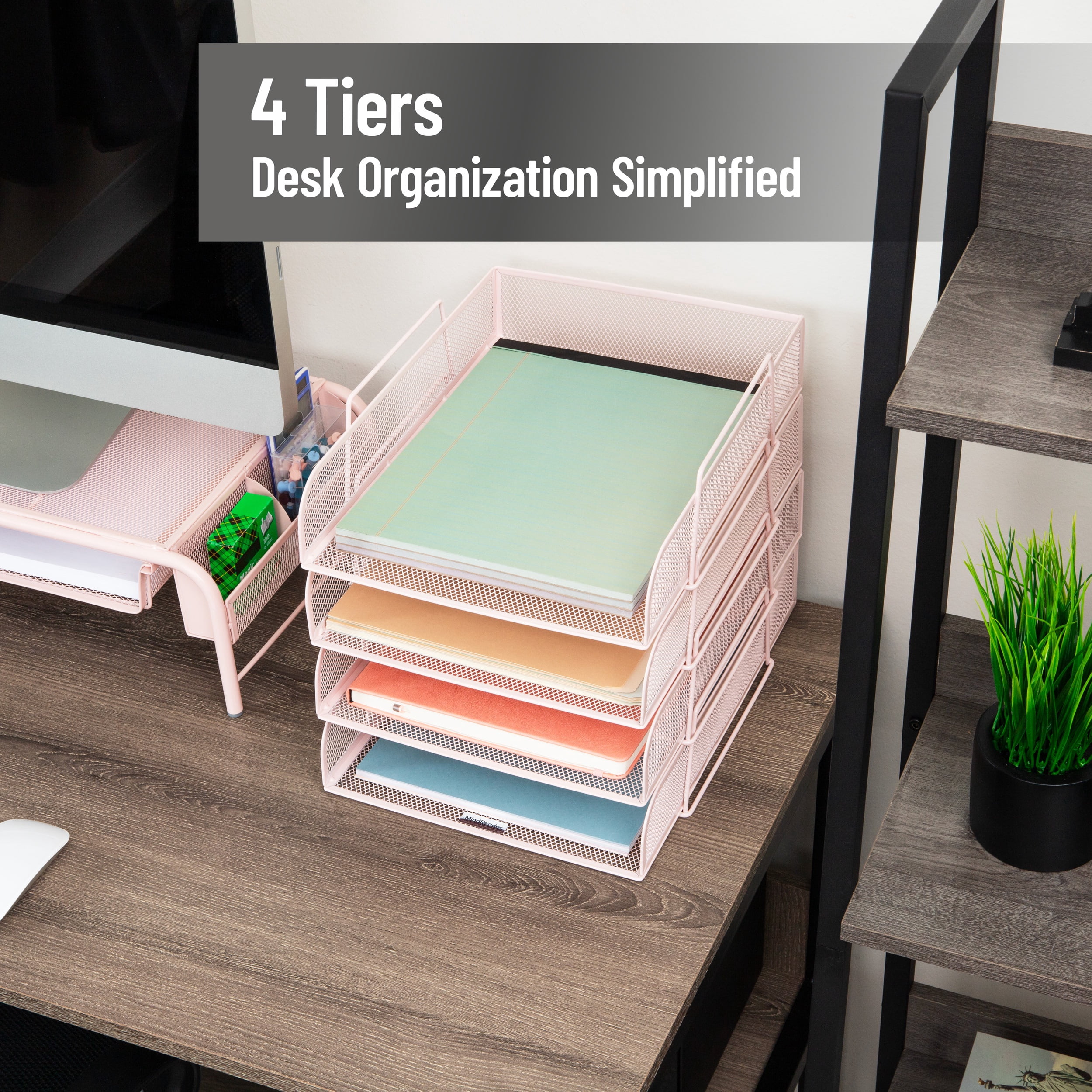 Mind Reader Stackable Paper Tray, Desktop Organizer, Metal 10.5"L x 13.5"W x 11.25"H, 4 Pieces., Pink