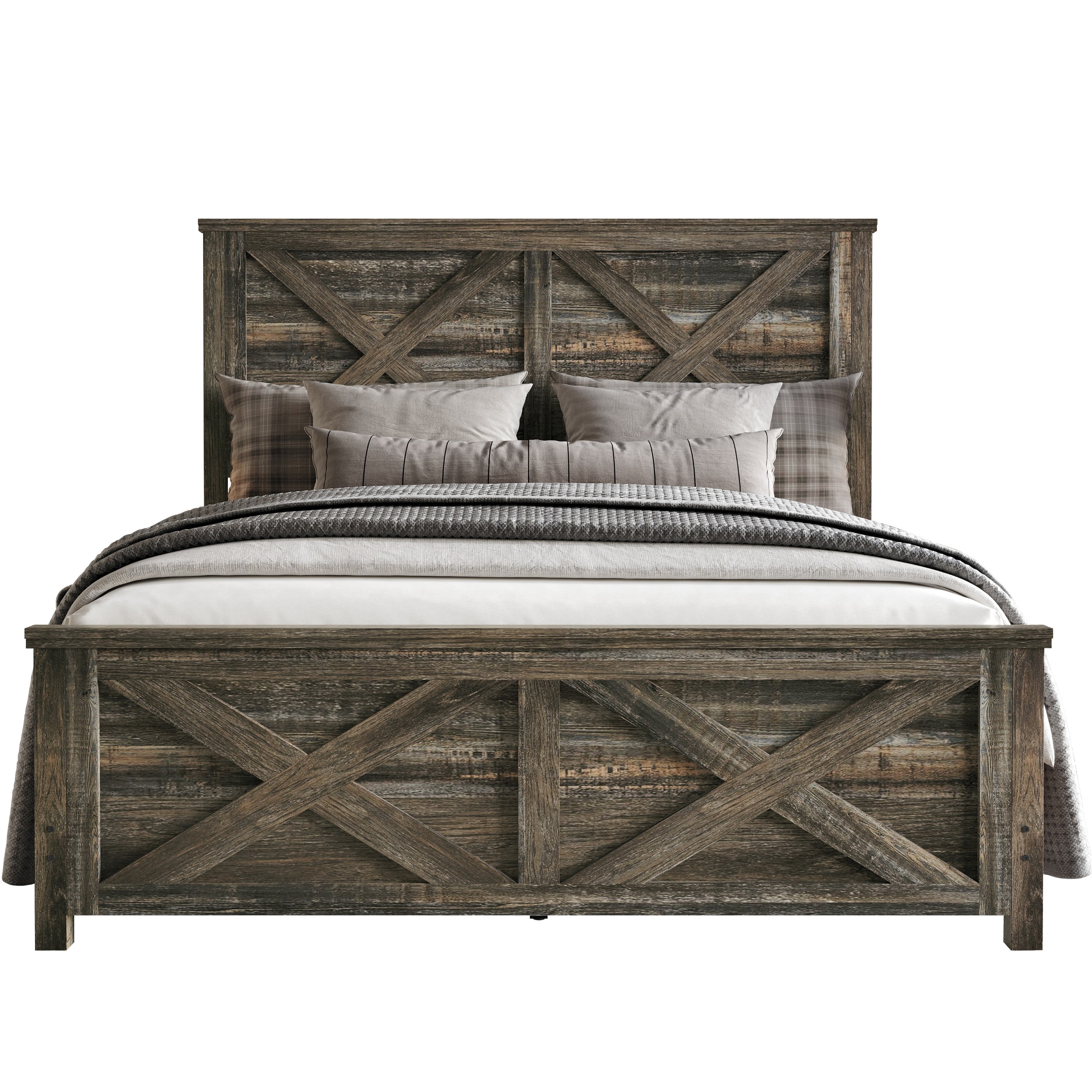 Home Design Niles Full Panel Bed Frame with X-Shaped Panel Design and Rustic Wood Finish, Brown, Easy Assembly