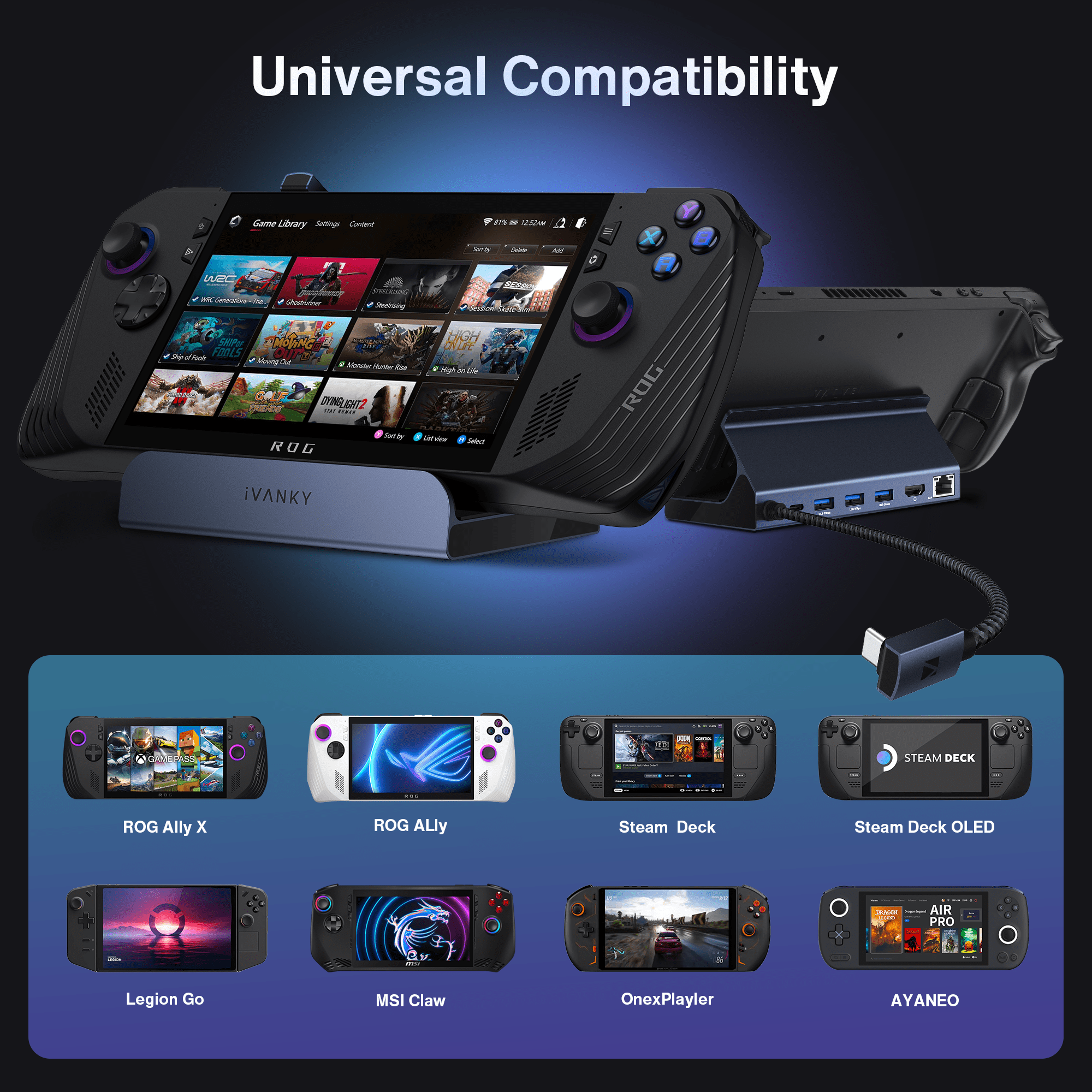 iVANKY Legion Go/ROG Ally/Steam Deck Dock with 100W PD Charger, 8