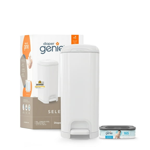Diaper Genie Select Pail,White,Stainless Steel, 1 Diaper Pail,1 Square Refill-165 Ct, Infant
