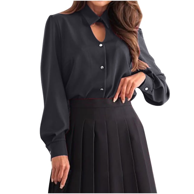 aidice Shirts for Women Casual Lapel Neck Long Sleeve Button up Shirts Keyhole Solid Color Work Tops