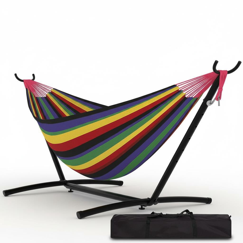 Double Hammock with Heavy Duty Steel Stand, 450 lbs Capacity, Portable Outdoor Hammock Set with Carry Bag for Patio, Yard, Camping, and Garden