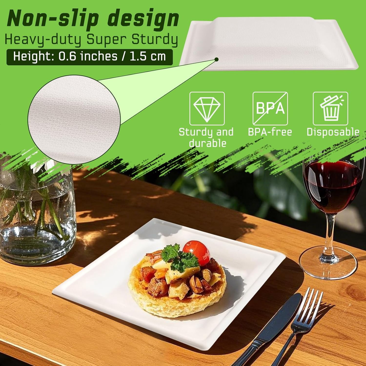 300 pack Compostable Square Paper Plates,6 Inch Dessert Plates,Heavy Duty Biodegradable Sugarcane Plate,Disposable Small Paper Plate for Daily Meals,Party,Picnic,Cake(White)