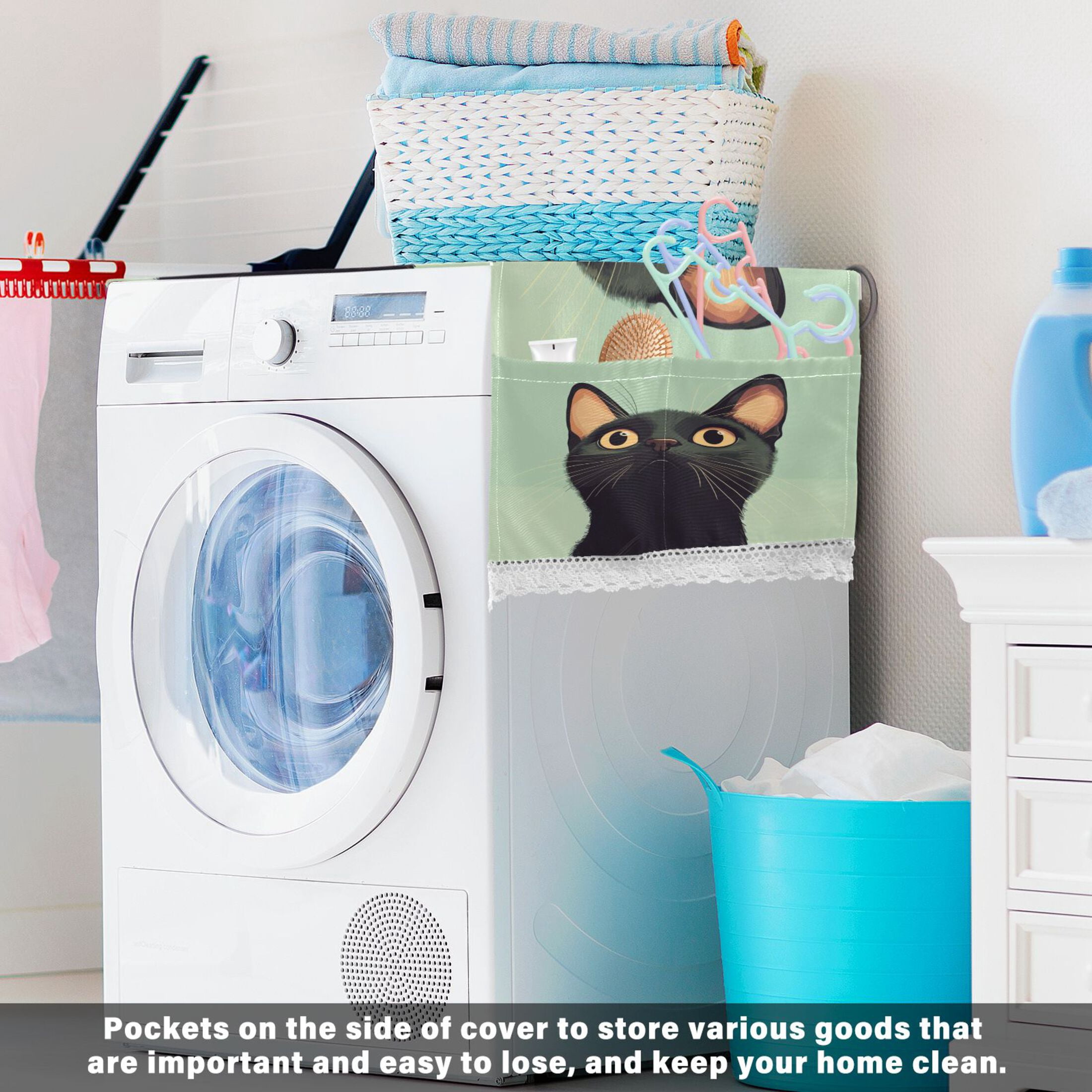 Cute Curious CatWasher and Dryer Covers Dust-Proof and Oil Resistant Fridge Cover with 4 Storage Pockets Washing Machine Top Cover for Laundry Kitchen Home 51.2 x 22 In