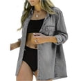 thumbnail image 5 of Women Button Down Denim Shirt Long Sleeve Roll Up Casual Oversized Jean Jacket Distressed Tunic Top, 5 of 7