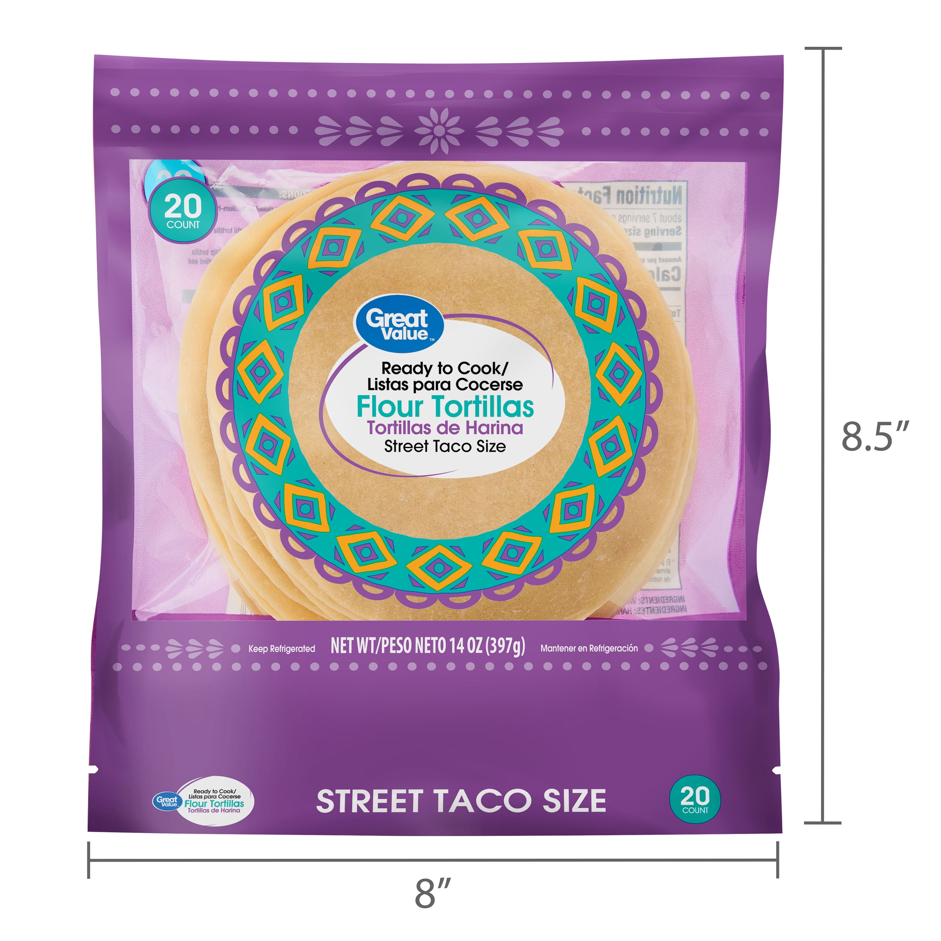 Great Value Ready to Cook Street Taco Size Flour Tortillas, 14 oz, 20 Count