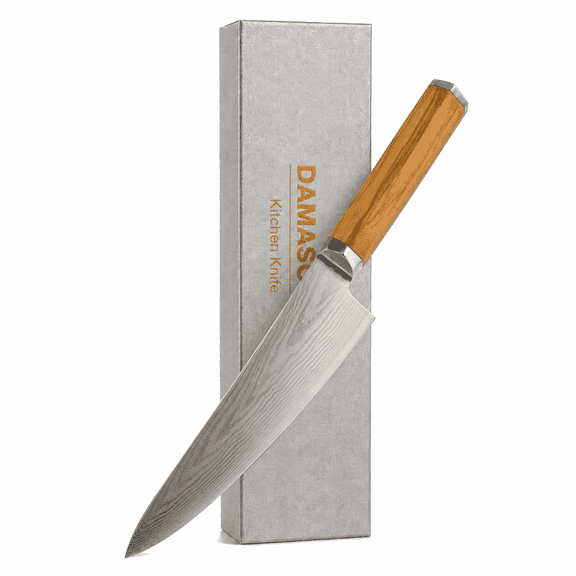 KASENRO 8-Inch Japanese-Style Chef Knife, Ultra-Sharp 67-Layer Damascus Steel with VG-10 Core, Full-Tang Olive Wood Handle, Premium Magnetic Gift Box