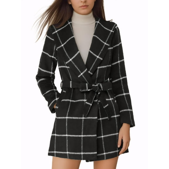 INSPIRE CHIC Women's Plaid Shawl Collar Belted Wrap Winter Coat XL Black