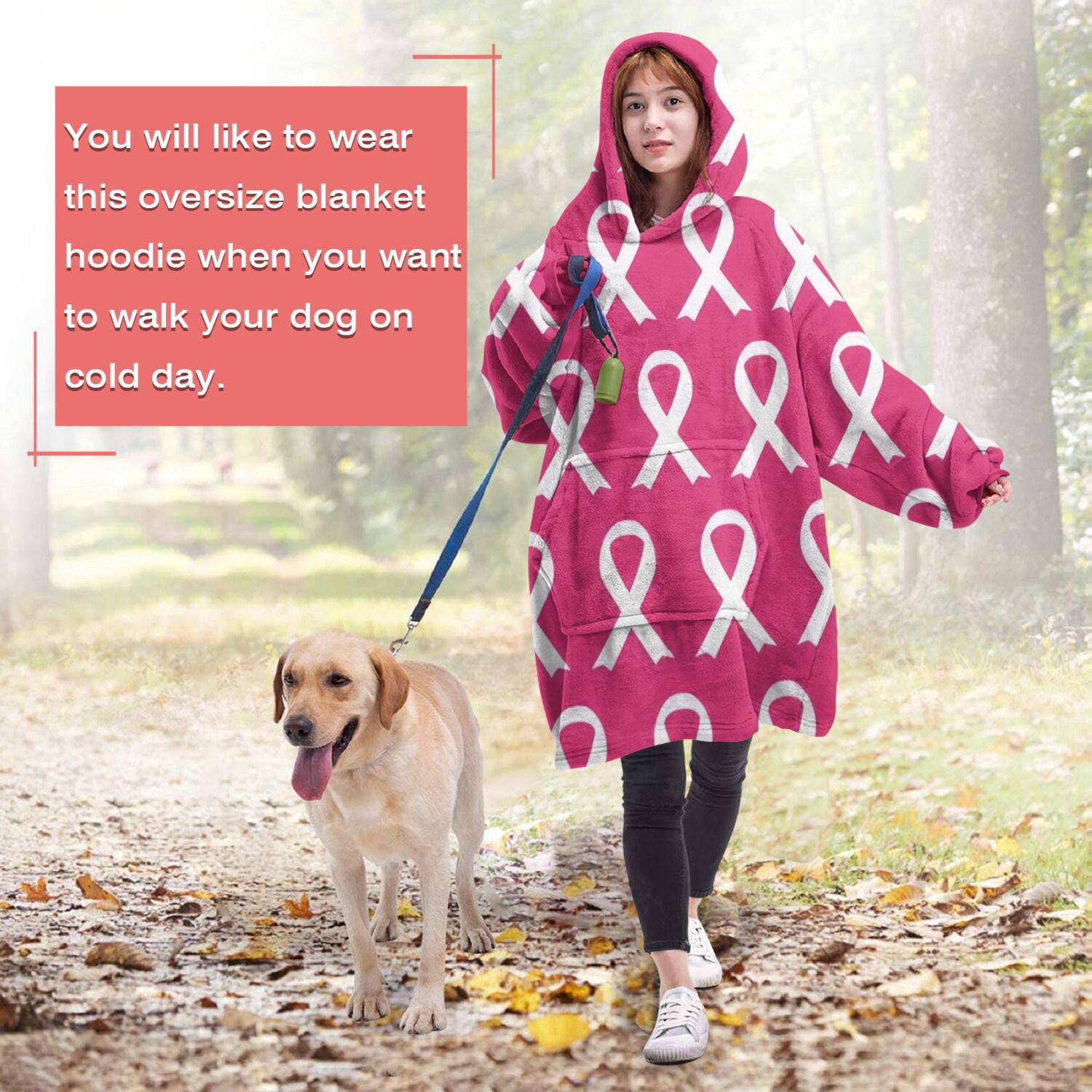 Wearable Oversized Blanket,Pink Breast Cancer Wearable Blanket Hoodie for Adults,Cozy Hooded Blankets with Super Pockets,Super Warm Fuzzy Pullover for Women & Men