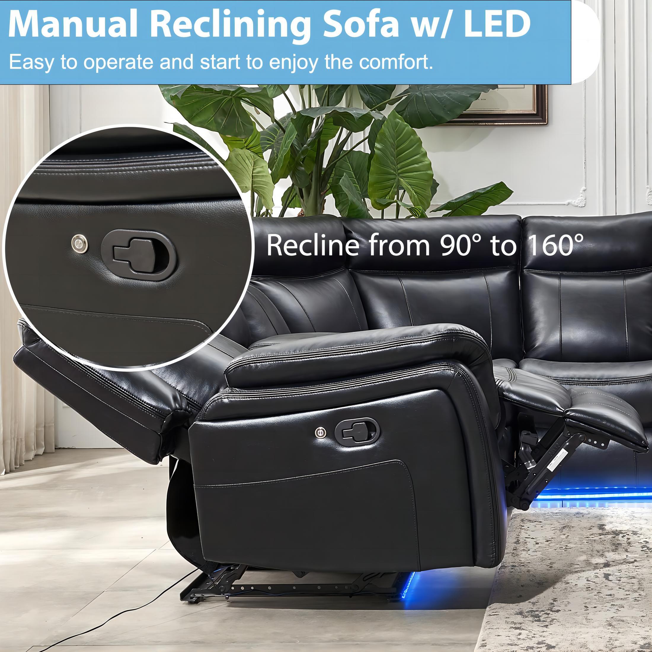 Comfort Stretch Manual Recliner Sofa Sets with LED Lights,Faux Leather Reclining Sectional Couch for Living Room Furniture Sets with USB Port,Storage Console Cup Holders Black