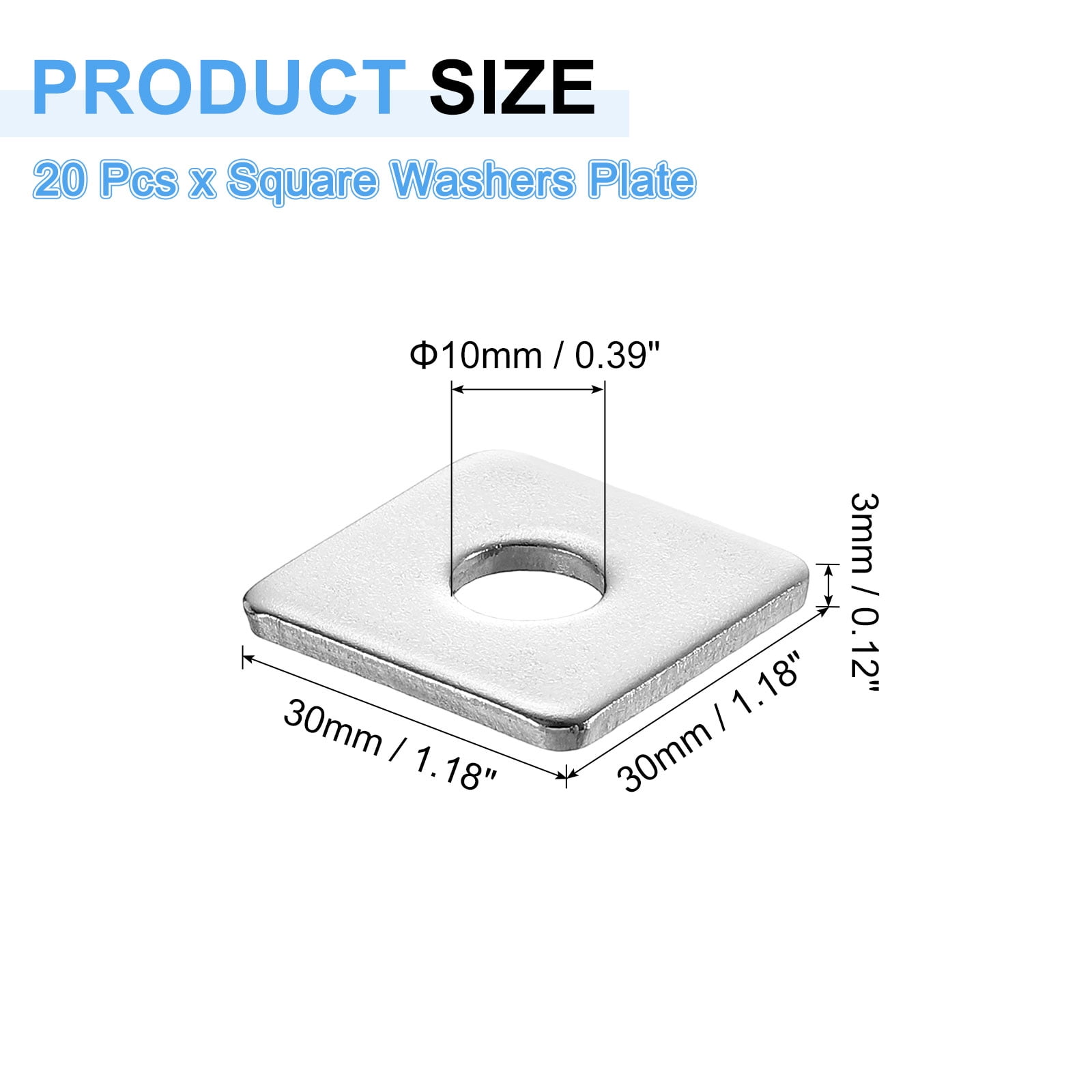 20Pcs 1-3/16" Square Plate Washer for 3/8" Bolt, 304 Stainless Steel Flat Bearing Plate (0.12" Thick)