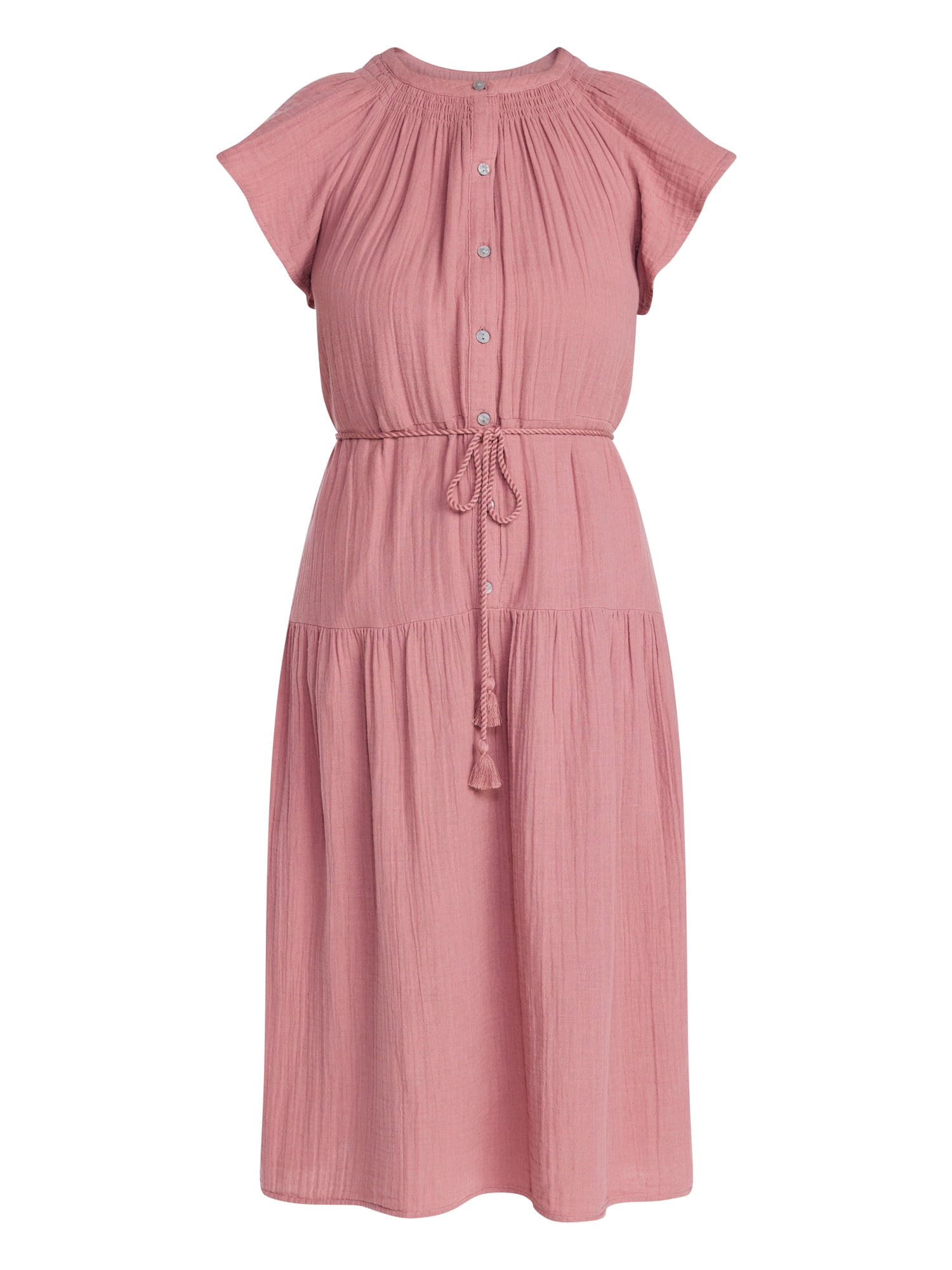 Time and Tru Women's Cotton Double Cloth Midi Dress with Short Flutter Sleeves, Sizes XS-XXXL