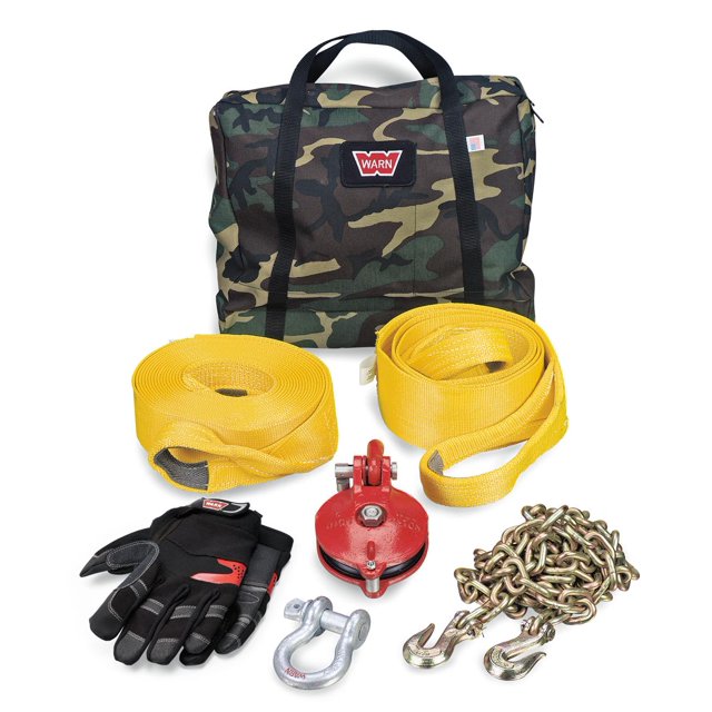 Warn Winch Rigging Kit 29460 Heavy Duty; With Snatch Block; Tree Trunk Protector; 3/4 Inch D-Shackle; 30 Foot Recovery Strap; 10 Foot Choker Chain; Pair of Gloves and Gear Bag; Camouflage Bag