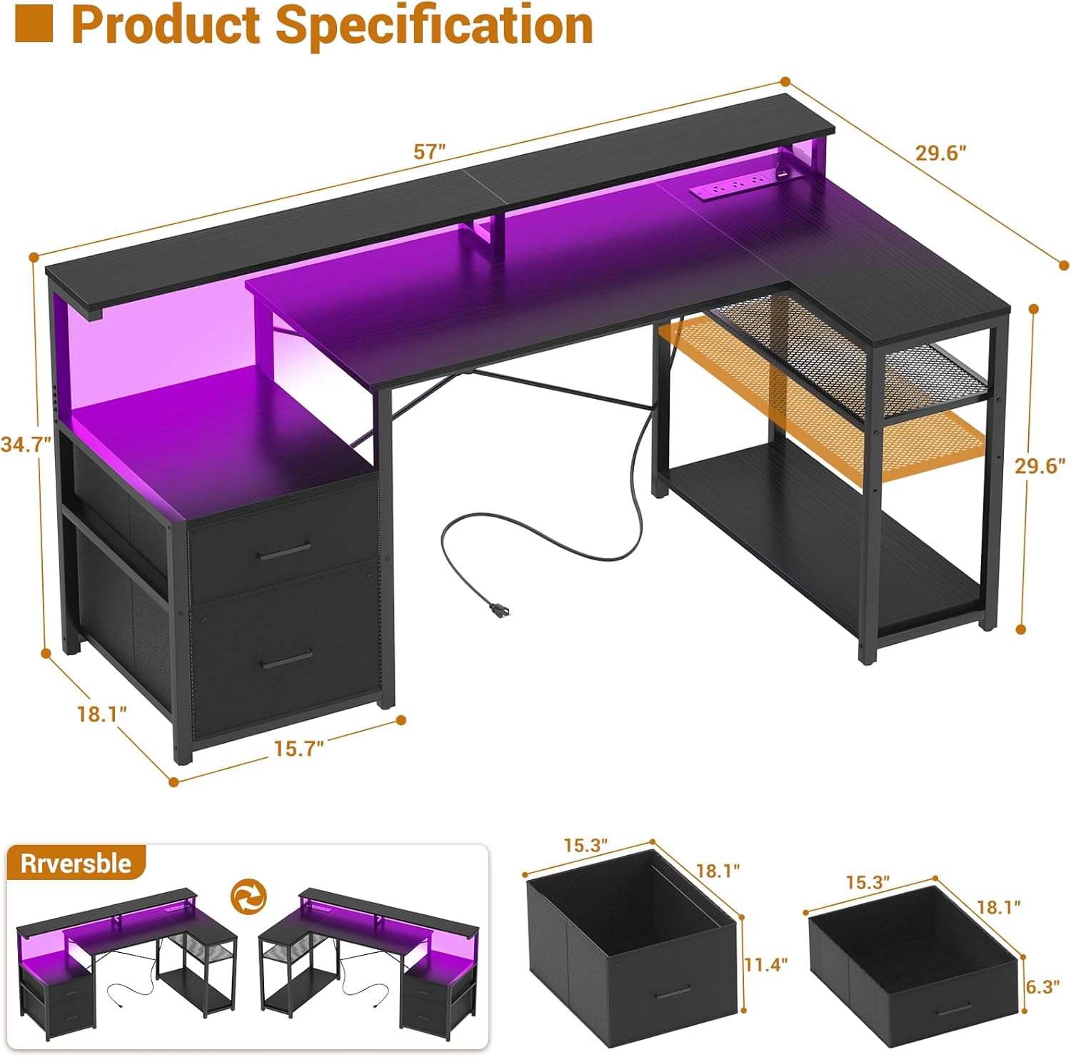 Homieasy L Shaped Desk with Drawer, Reversible L Shaped Gaming Desk with Power Outlet & LED Strip, Home Office Desk with Monitor Shelf, Corner Desk with Storage Shelves,Black