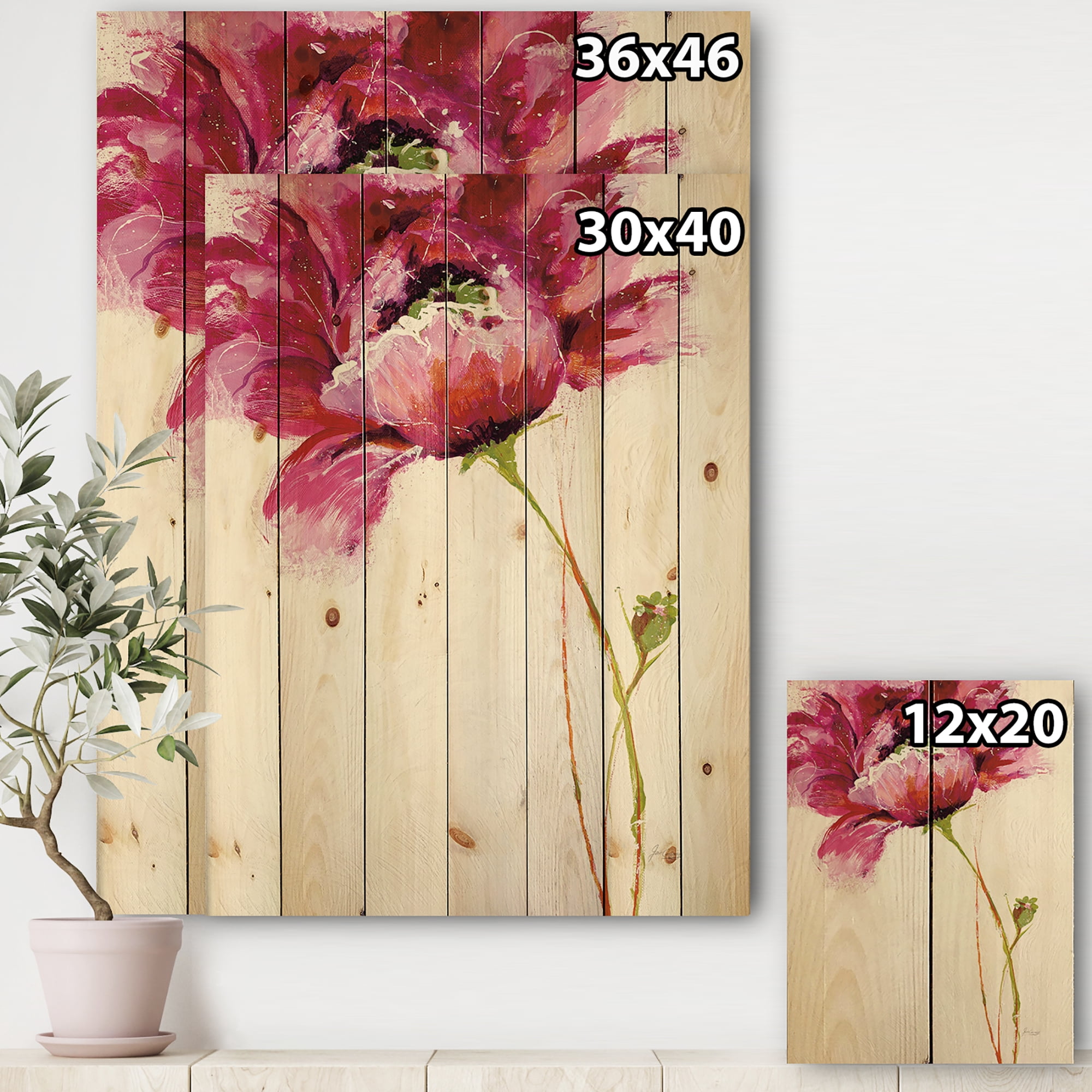 Designart 'Big Red Blossoms' Floral Print on Natural Pine Wood
