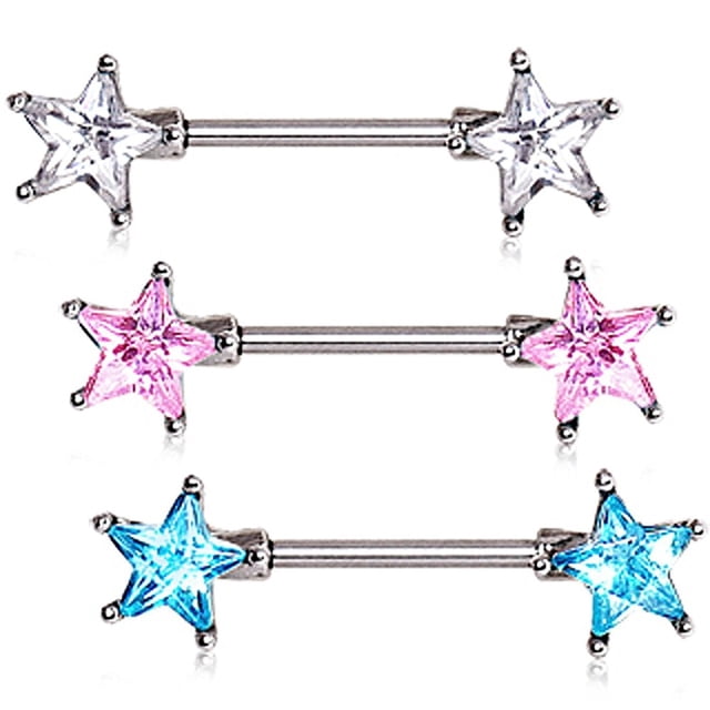 Double Front Facing Star CZ Prongs Nipple Bar 14G 1/2" Length 2pc