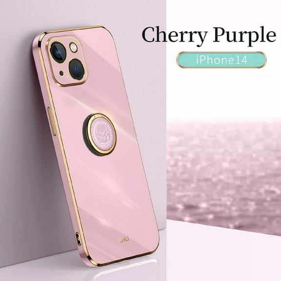 Electroplated Case for iPhone 14, Glossy Soft Silicone Shockproof Anti-Drop Lens Protection Cover with Ring Holder Kickstand Bracket Ultra Slim Case for iPhone 14,Purple