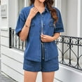thumbnail image 5 of Summer Denim Set for Women 2 Piece Casual Short Sleeve Boxy Shirt Tops and Shorts Pants Lounge Sets Outfits Dark Blue M, 5 of 7