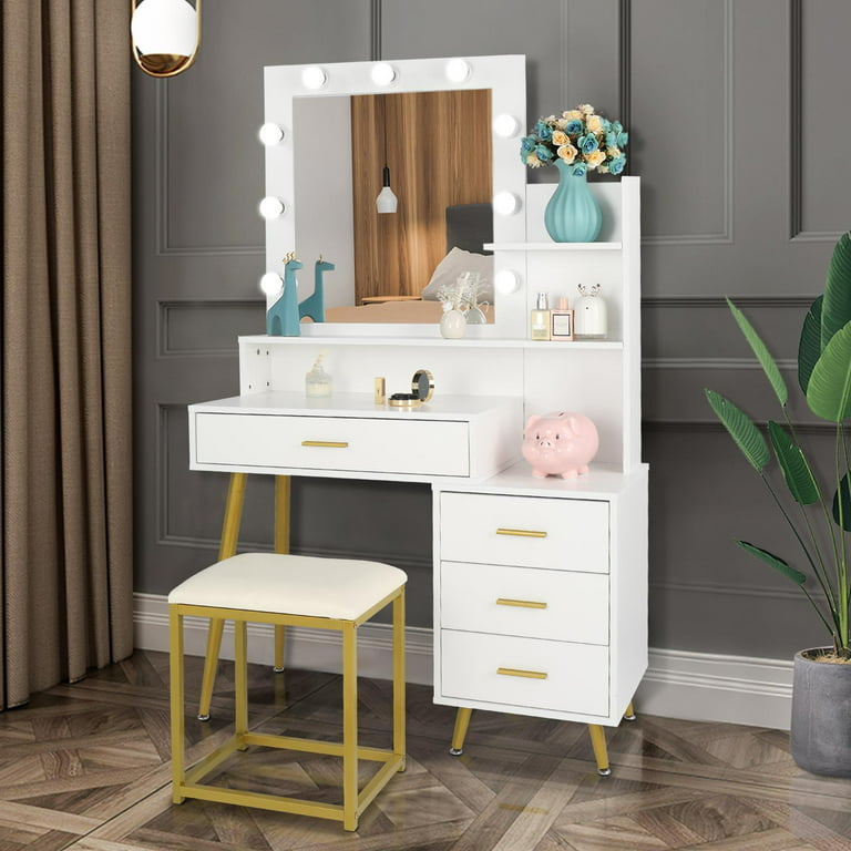 Ktaxon Elegance White Dressing Table Vanity Table and Stool Set Wood Makeup  Desk with 4 Drawers & Mirror