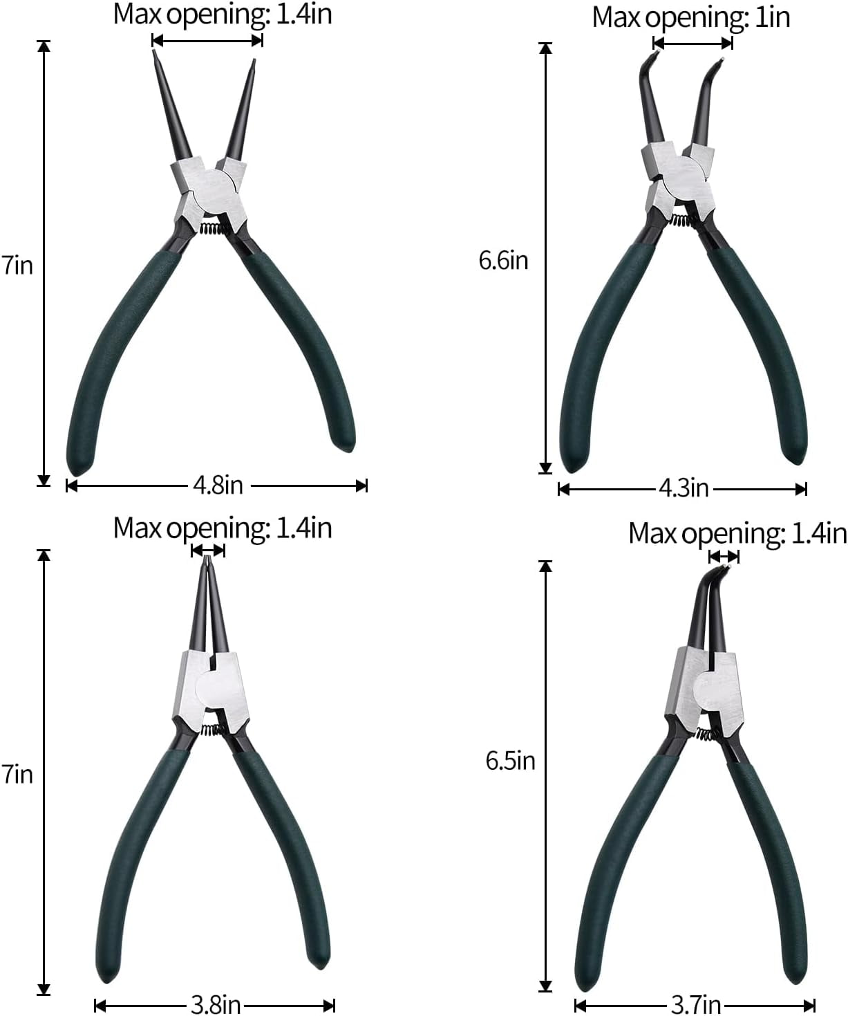 Snap Ring Pliers Set, 4pcs 7" Internal/External Circlip Pliers Kit with Straight/Bent Jaw, Heavy Duty Precision Spring Loaded Pliers for Ring Remover Retaining and Remove Hoses, Gaskets