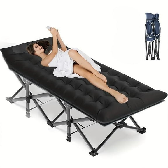 Folding Camping Bed, Heavy-Duty Portable Cot with Storage Pockets (Black)