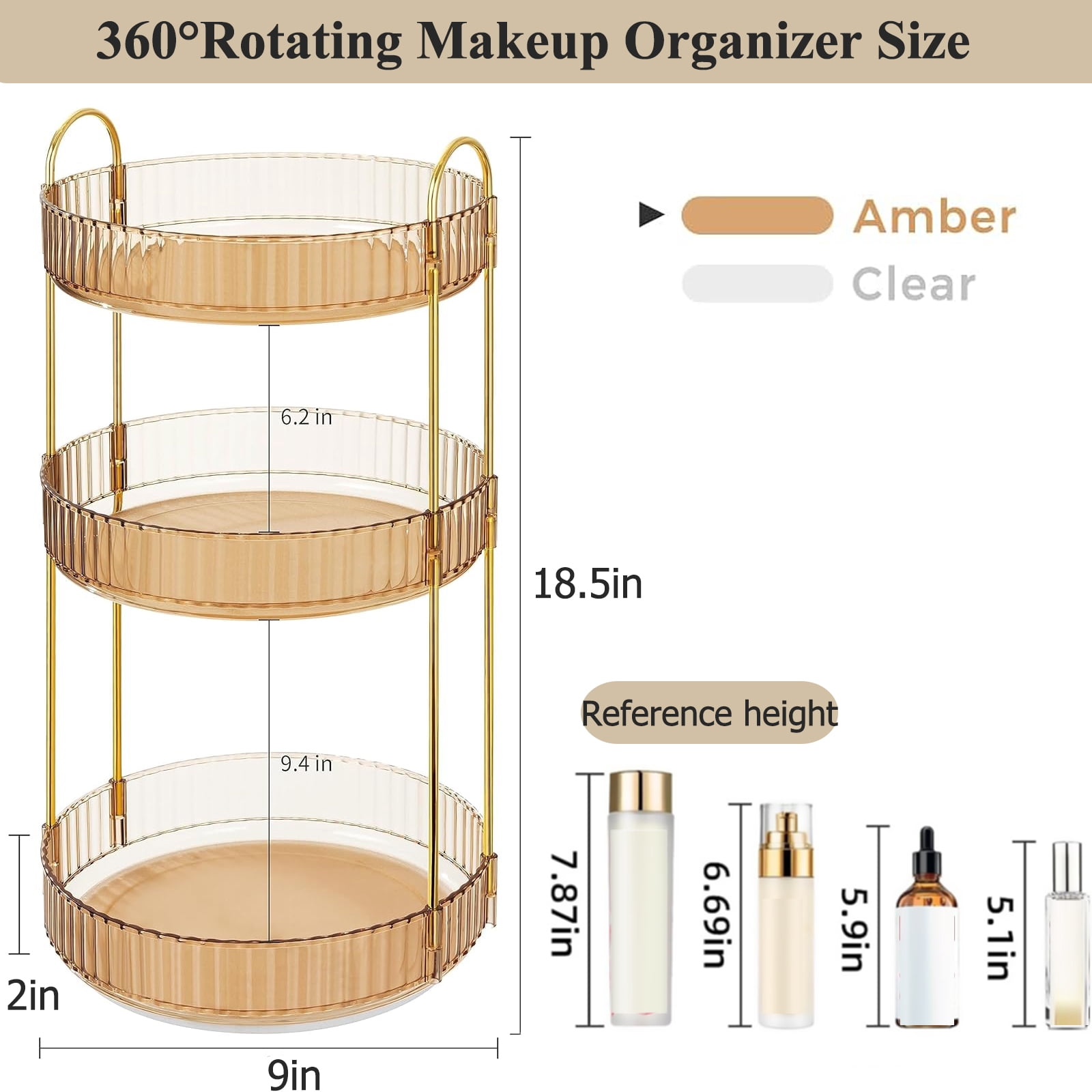 Kisportee Makeup Organizer for Vanity, 3 Tier 360° Rotating Make Up Storage Perfume Organizers for Bathroom Counter, Clear Cosmetic Dresser Lipstick Spinning Holder