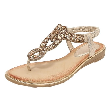 

CLZOUD Womens Comfort Slide Sandals Gold Ladies Summer Fashion Rhinestone Bohemian Slope Heel Hollow Solid Colour Flat Bottom Open Toe Large Size Sandals 41
