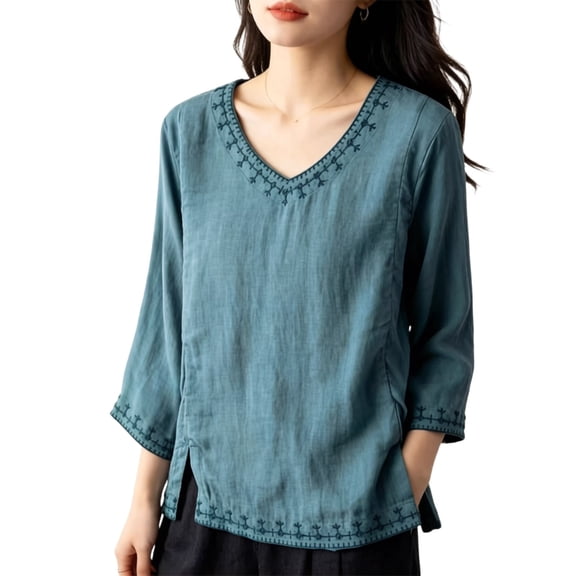 Wang6 Oversized 3/4 Sleeve Tops for Women Trendy Fall Loose Fit V Neck T Shirts Causal Embroidered Side Slit Graphic Tees Blue 0713-3/4 sleeve tshirts XXXXL