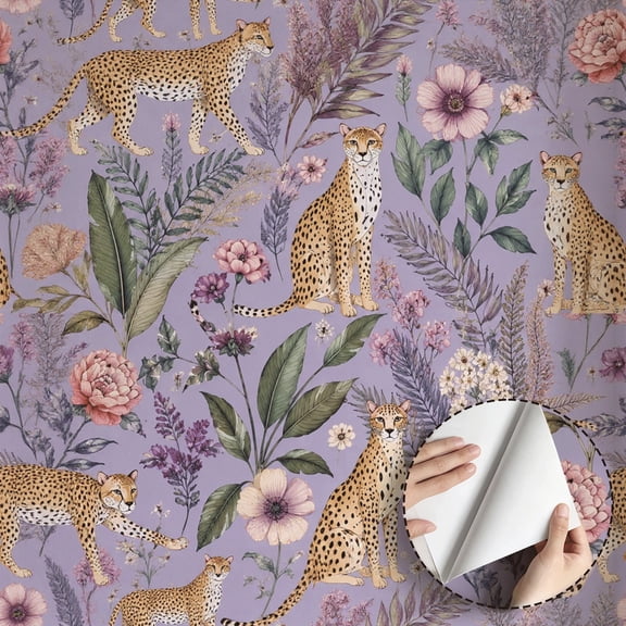 Cheetah Floral Wallpaper Vintage Boho Style Peel and Stick Waterproof Wall Decoration for Living Room Bedroom Kitchen Cabinet Drawer Rental Property Home Decor 17.7 * 78.5 in