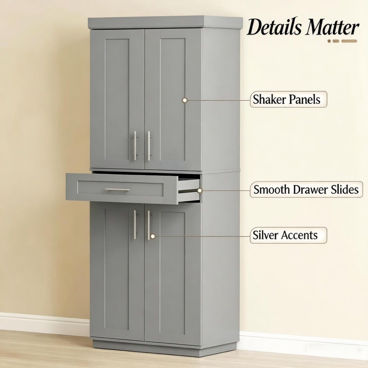 72" Tall Kitchen Pantry Cabinet with Drawer & Adjustable Shelves, Freestanding Storage Cabinet with Doors, Modern Farmhouse Cupboard Organizer for Kitchen Dining Room Living Room, Gray