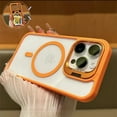 thumbnail image 2 of for iPhone 14 Transparent Case with Camera Lens Protector, Compatible with MagSafe, Built-in Camera Stash Stand, Magnetic Hard Back Soft Edge Anti-Fingerprint Flexible Cover, Orange, 2 of 10